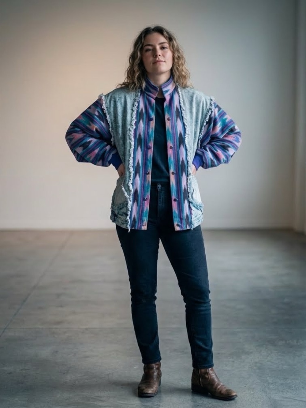 RECYCLED “Upside-Down” Ladies Jean Jacket Vintage Handmade 80’s Artist Crafted